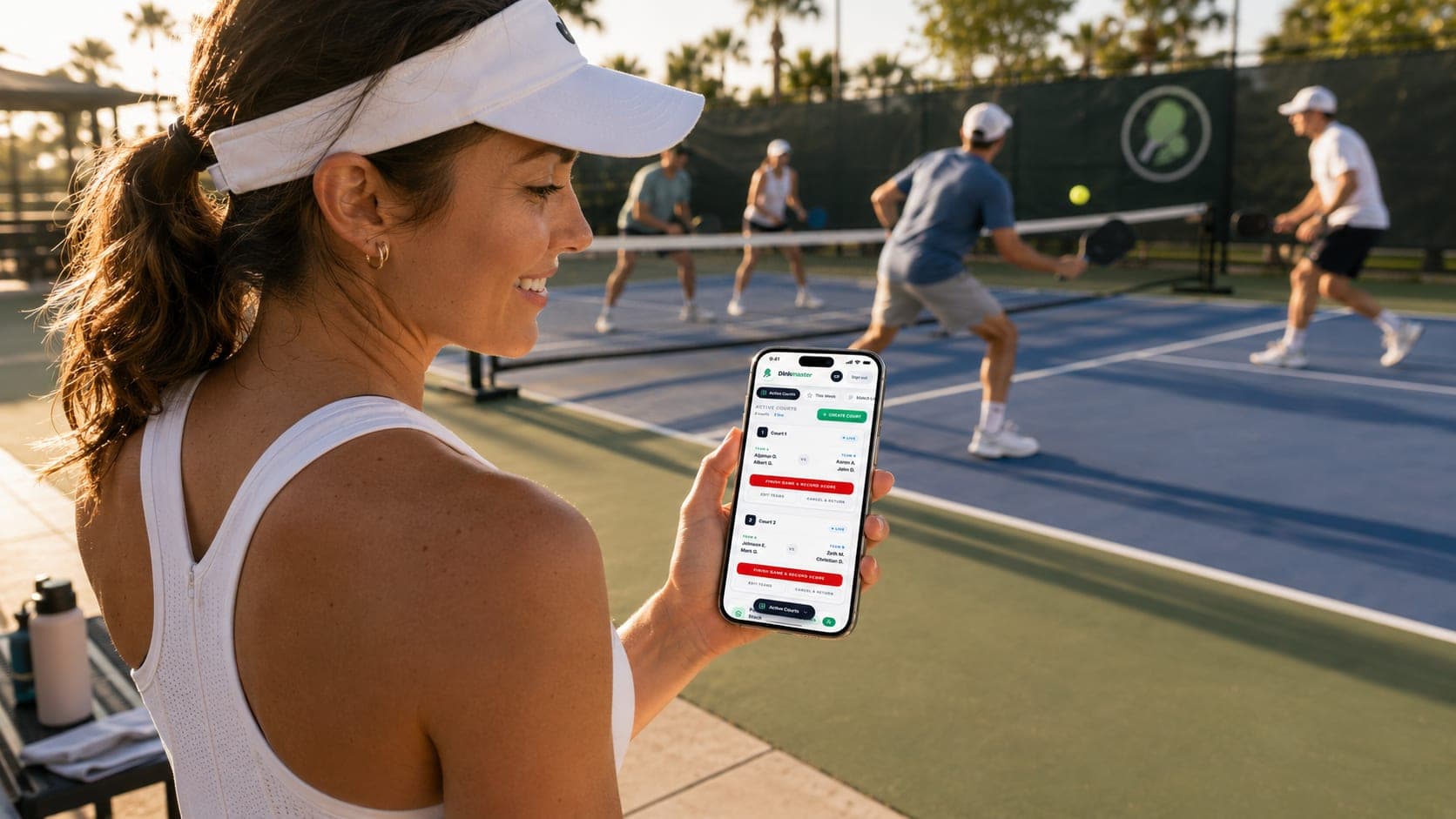A player courtside checking the live Dinkmaster queue on her phone while a doubles match plays behind her
